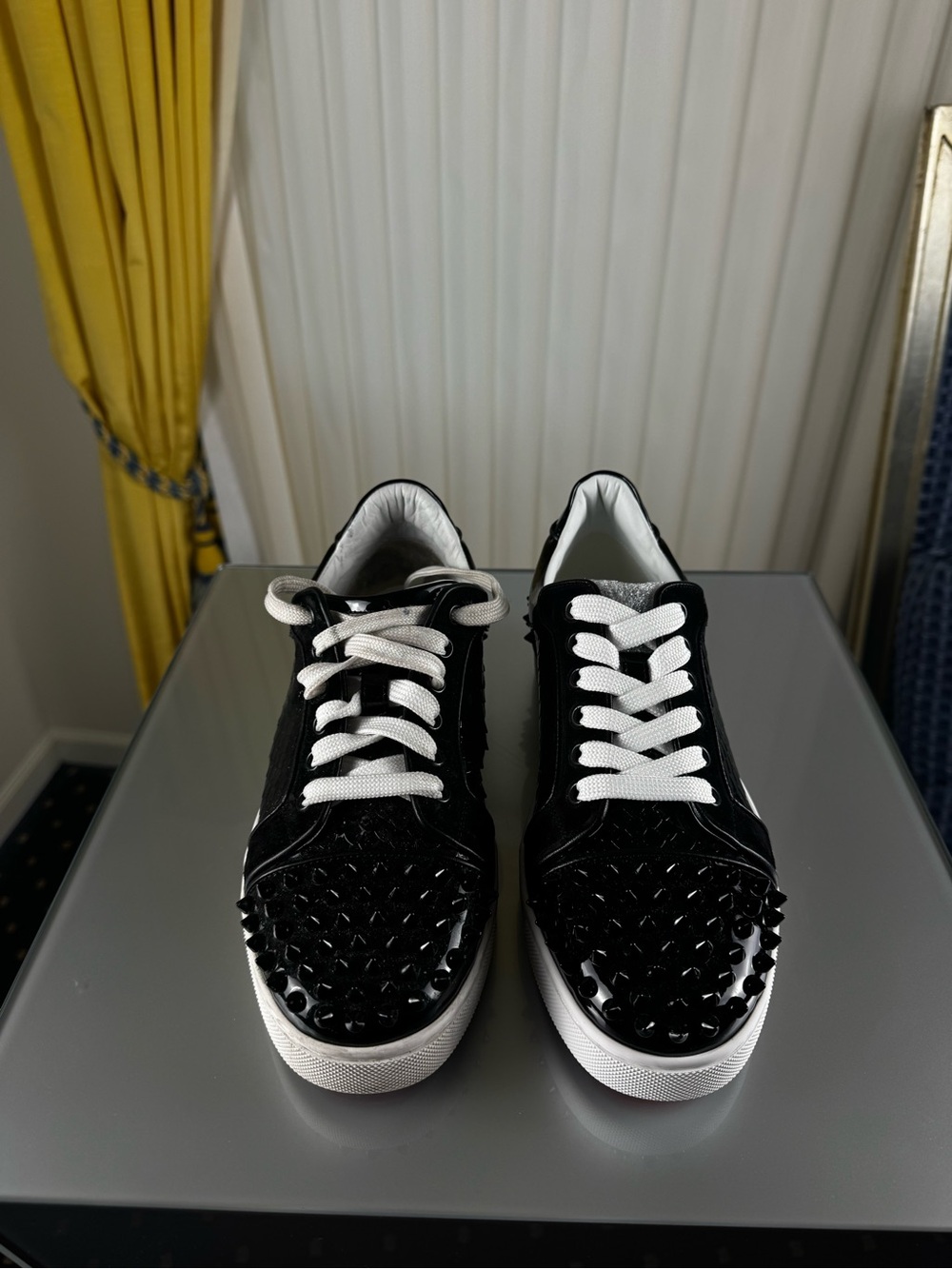 Christian Louboutin Black Suede Studded Low-Top Sneakers with White Laces